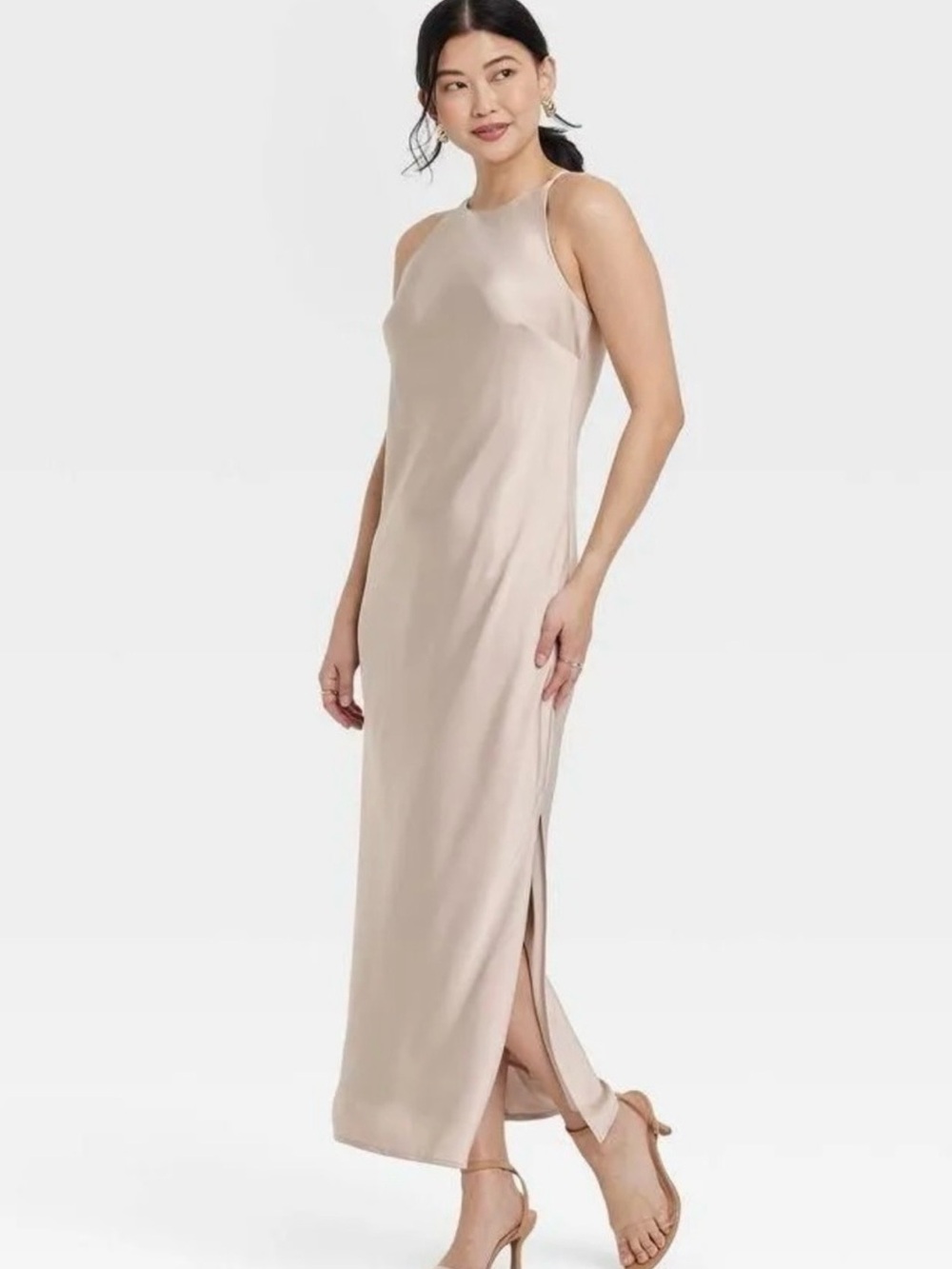 Satin Halter Maxi Dress in Beige